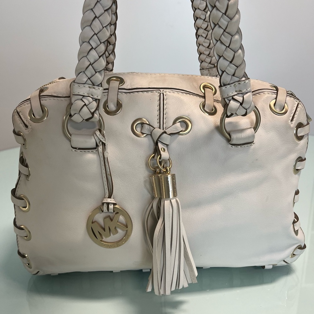 Michael Kors Cream Shoulder Bag with Braided Handles and Tassel